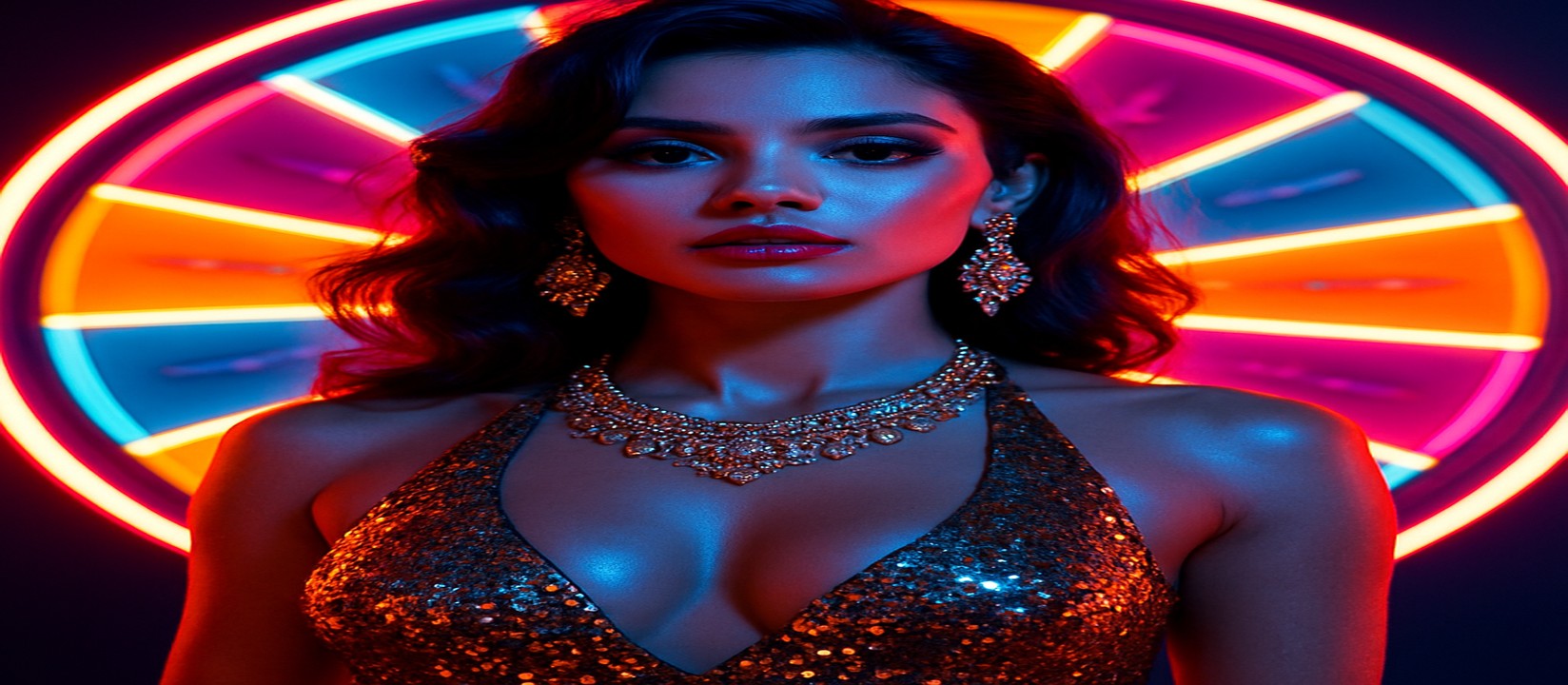 একজন সিকুইন পোশাক পরা নারী একটি উজ্জ্বল রঙের গেমিং প্ল্যাটফর্মের চাকার সামনে মডেল পোজ দেন